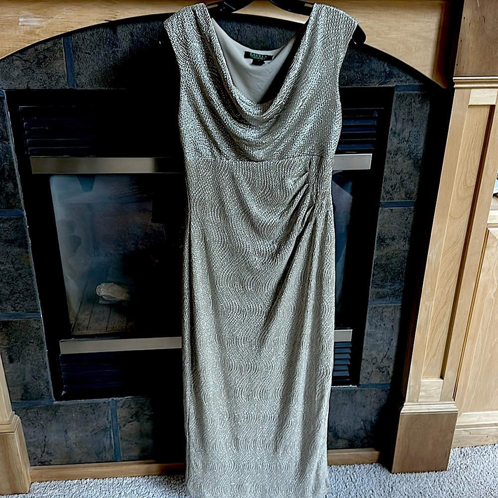 Ralph Lauren Evening Silver Metallic Sleeveless Cowl Neck Dress Size 4 EUC!